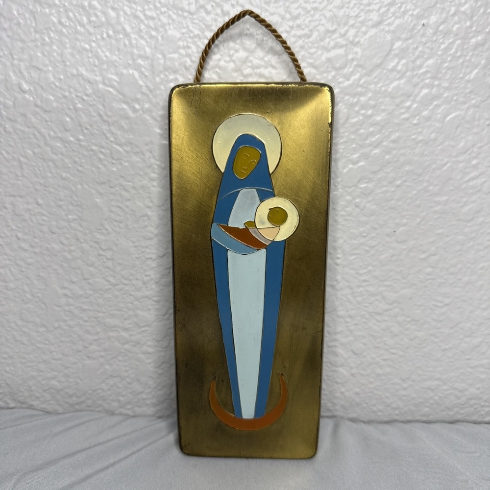 Madonna & Child Icon Wall Hanging Brass Plaque Hand Painted Christianity Germany